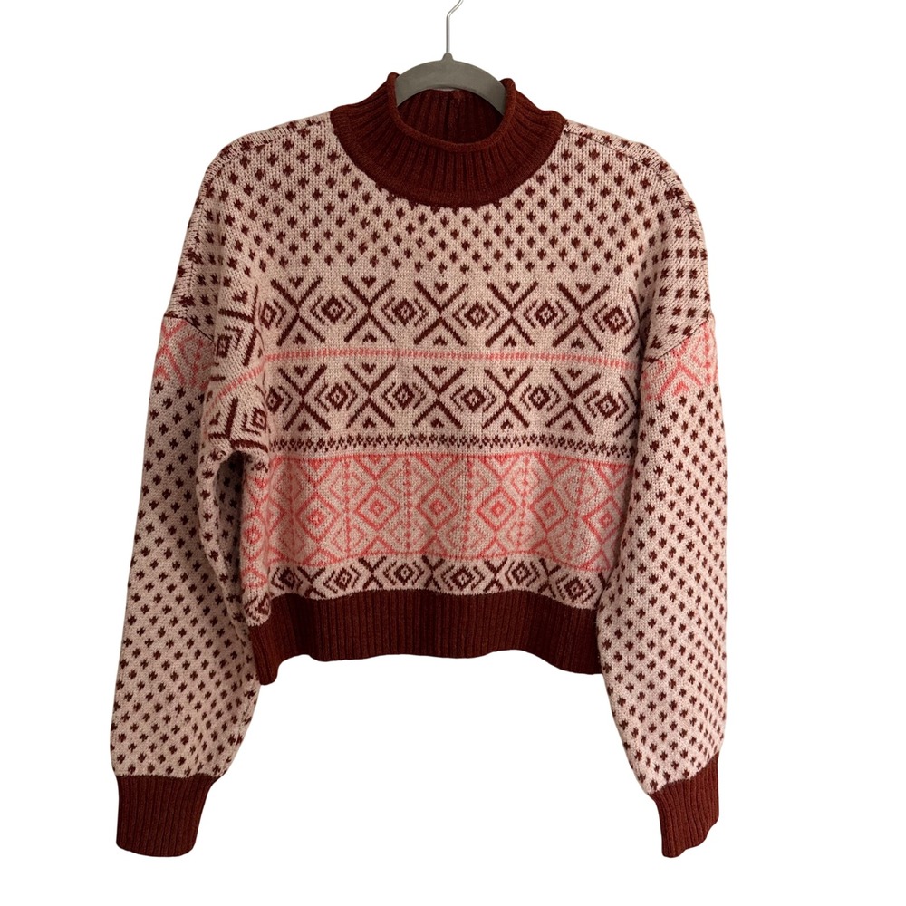 American Eagle Fair Isle Cropped Sweater Burgundy Mock Neck Medium Fall Winter